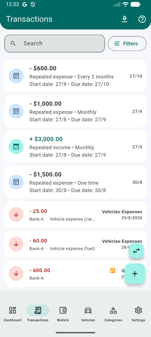 Transactions list